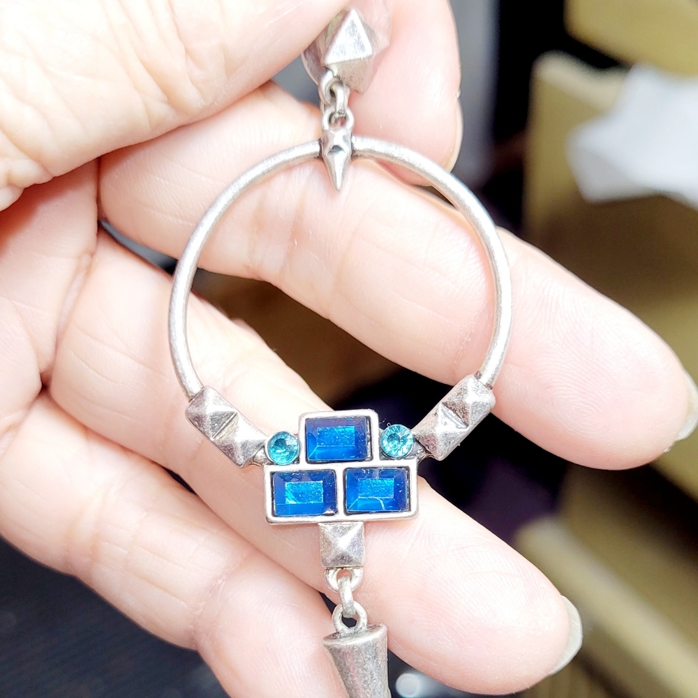New Post Earrings, Blue Jewel Silver-tone Open Hoop Dangle, NWOT